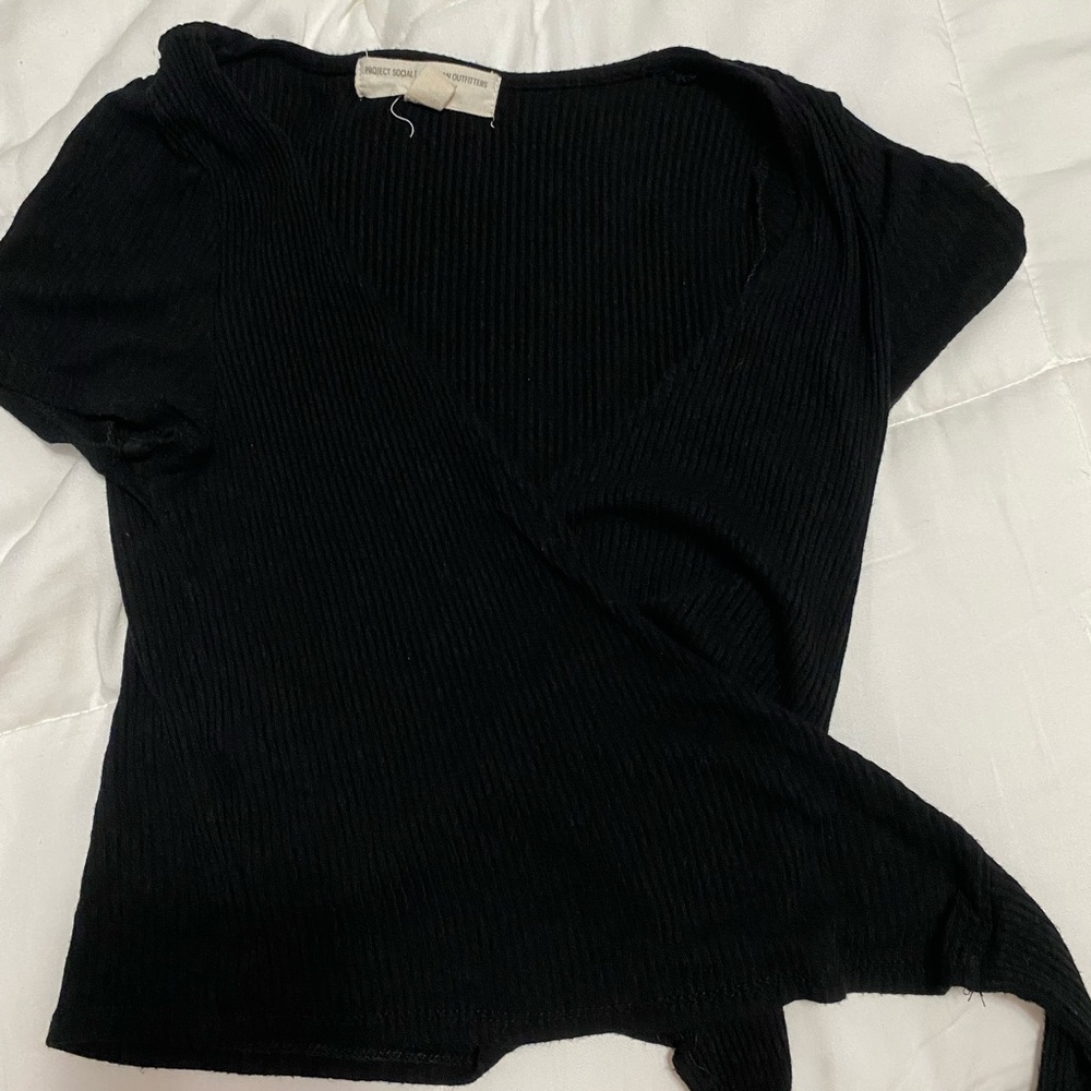 Black short sleeve wrap top